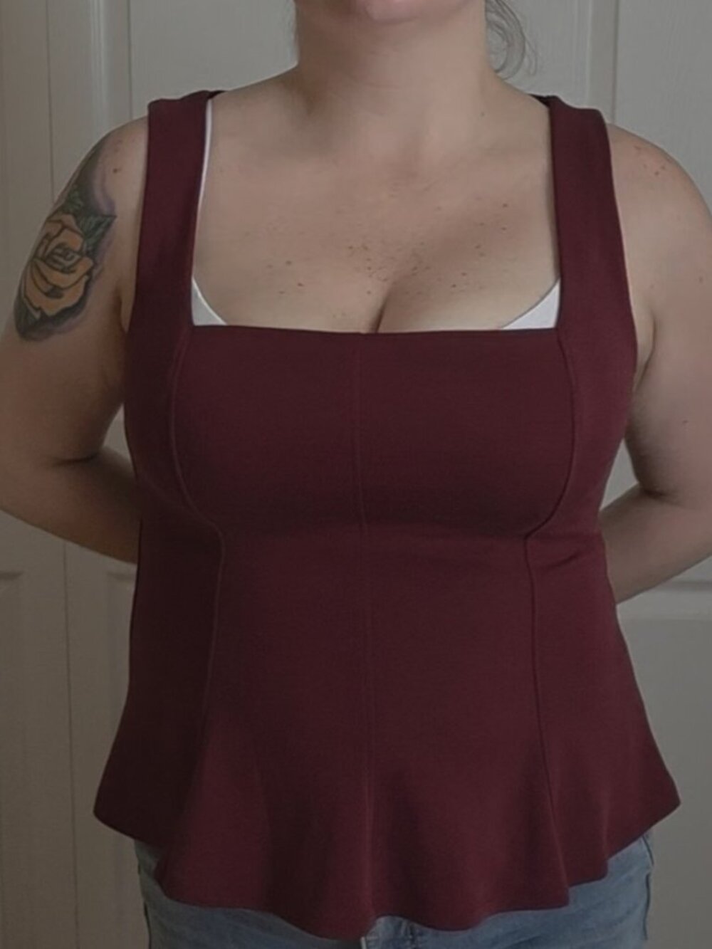 Moa Moa Burgundy Peplum Top — Size L